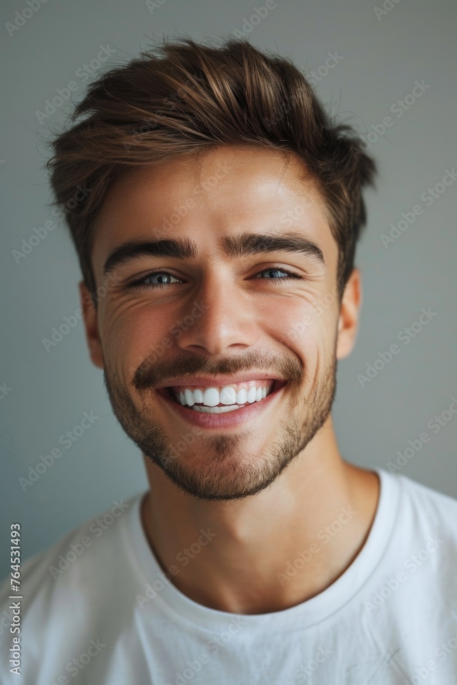 Poster a man with a beard smiling at the camera. suitable for business or lifestyle concepts