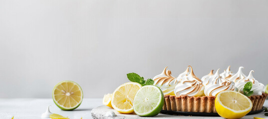 Delicious key lime pie and lemon meringue tart on pristine white surface