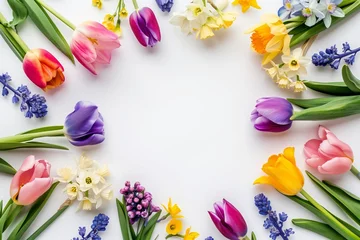 Fototapeten A circle of colorful flowers on a blank canvas creates a stunning visual display. Perfect for flower arranging or creative arts projects © RichWolf