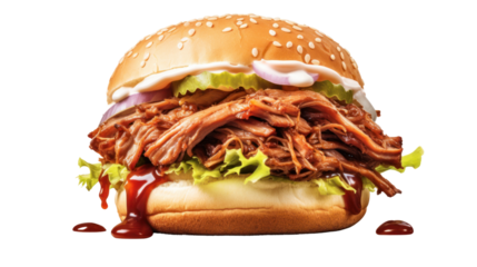 Pulled pork sandwich  isolated on transparent and white background.PNG image.
