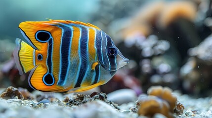   a blue and yellow fish swimming among colorful coral and rocks in an aquarium