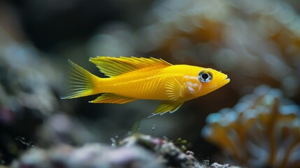  A picture of a tiny yellow fish amidst various coral and seaweed