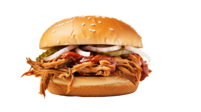 Pulled pork sandwich  isolated on transparent and white background.PNG image.