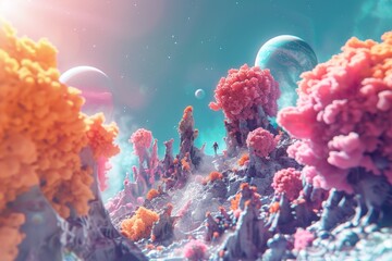 Alien Planet and Explorers Depicting an alien landscape with otherworldly creatures