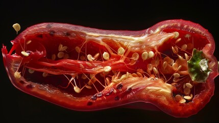 A macro shot of a chili pepper cut in half, revealing the intricate network of seeds and the red flesh containing the capsaicin