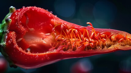 A macro shot of a chili pepper cut in half, revealing the intricate network of seeds and the red flesh containing the capsaicin - 764531617