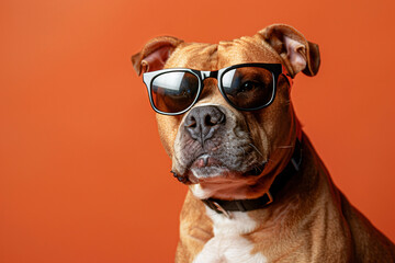 Pit Bull Terrier dog with sunglasses on orange studio background - obrazy, fototapety, plakaty