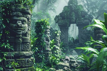 Ancient Ruins and Mystical Artefacts Showcasing ancient ruins of a lost civilization hidden within the rainforest - obrazy, fototapety, plakaty