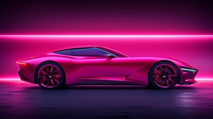  A neon-lit pink sports car in a dimly-lit room, facing a bright neon wall