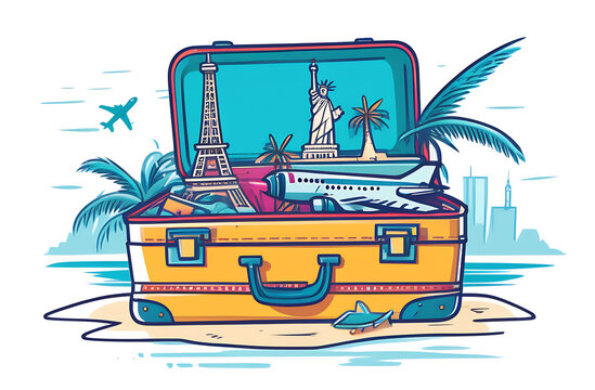 An open suitcase on a white background, the suitcase contains an airplane, palm trees, the Eiffel Tower, the Statue of Liberty, a camera, swimming fins, insulated. High quality photo