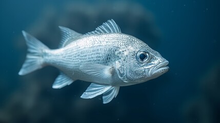 Fototapeta premium a fish swimming in blue water with surrounding rocks in the background