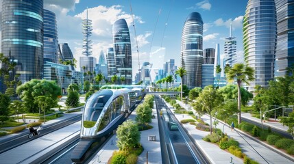 Fototapeta na wymiar A futuristic cityscape with advanced transportation systems, smart buildings, and renewable energy infrastructure