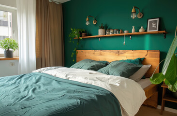 Photo of a Scandinavian-style bedroom with emerald green walls, white ceiling and floor