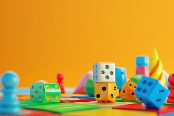 Board Game and Dice Showcasing a tabletop board game set up with dice and game pieces