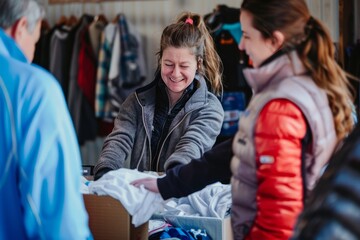 Volunteers organizing a clothing drive and distributing warm clothes to families in need at a charity event, providing comfort and support, Generative AI