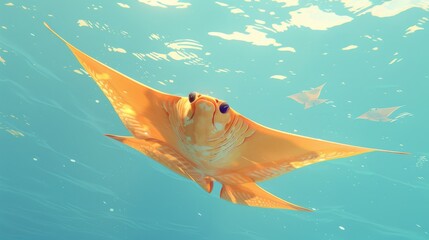  Manta ray swims in the ocean, surrounded by paper boat flotsam