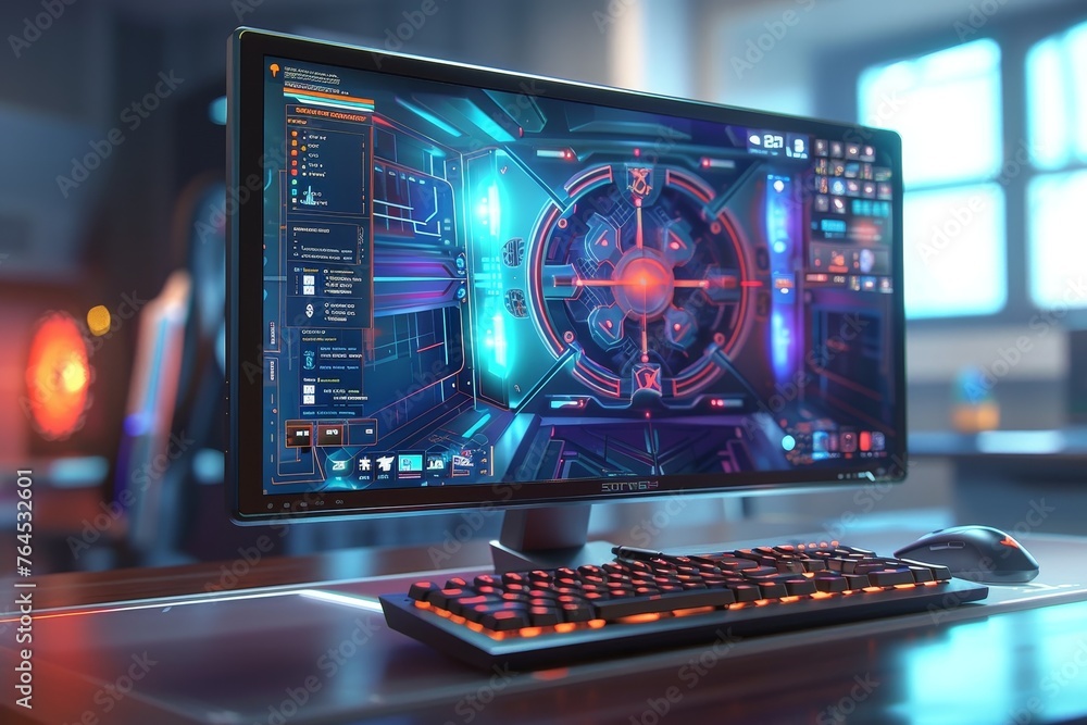 Poster computer monitor and keyboard depicting a computer monitor displaying a video game interface