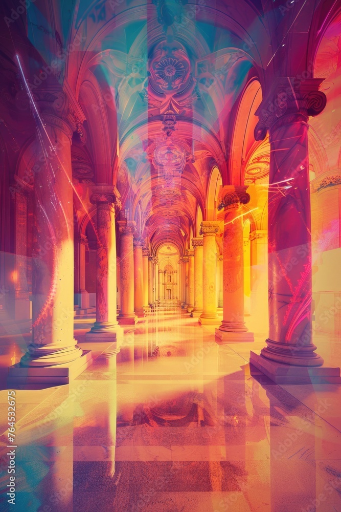 Poster a photo of a hallway with architectural columns and arched doorways. suitable for interior design co