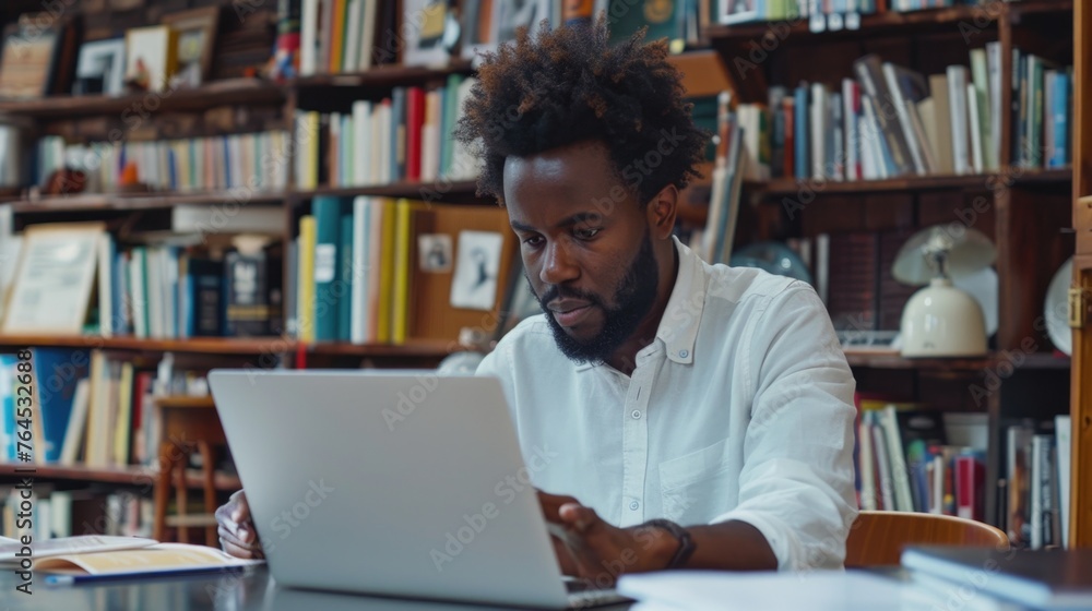 Poster A man sitting in front of a laptop computer. Suitable for technology concepts