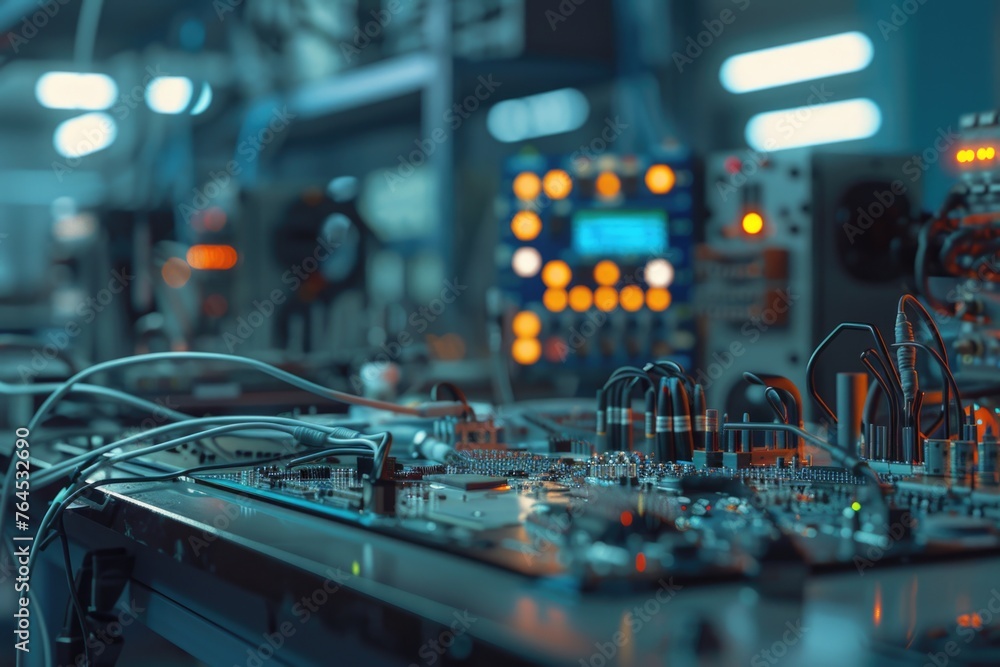 Poster a detailed view of a control board in a room. ideal for technology and industrial concepts