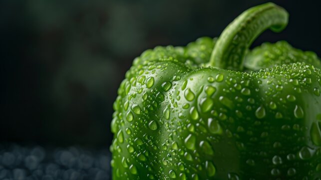 A fresh green bell pepper with glistening water droplets on its smooth skin, showcasing its natural beauty