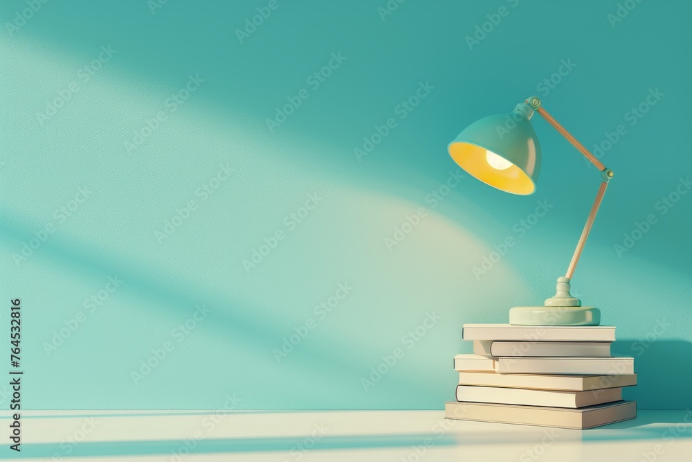 Poster desk lamp and books a desk lamp illuminating a stack of books symbolizing knowledge and learning in 