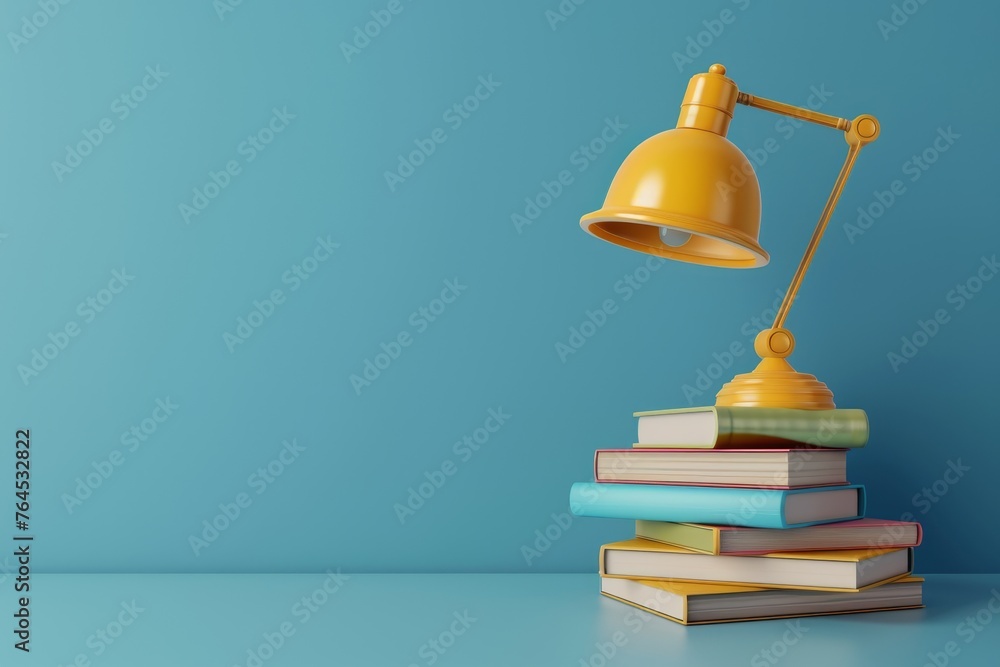 Poster desk lamp and books a desk lamp illuminating a stack of books symbolizing knowledge and learning in 