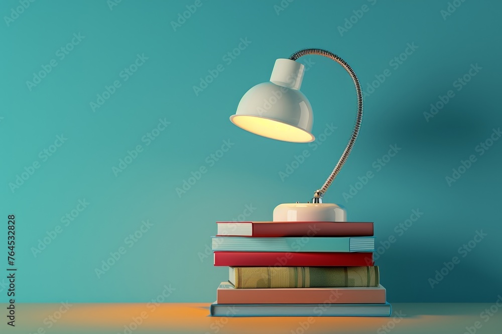Poster desk lamp and books a desk lamp illuminating a stack of books symbolizing knowledge and learning in 