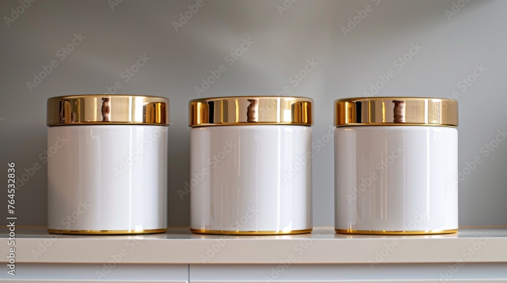 Poster Three white jars with gold lids displayed on a shelf. Ideal for home decor and organization