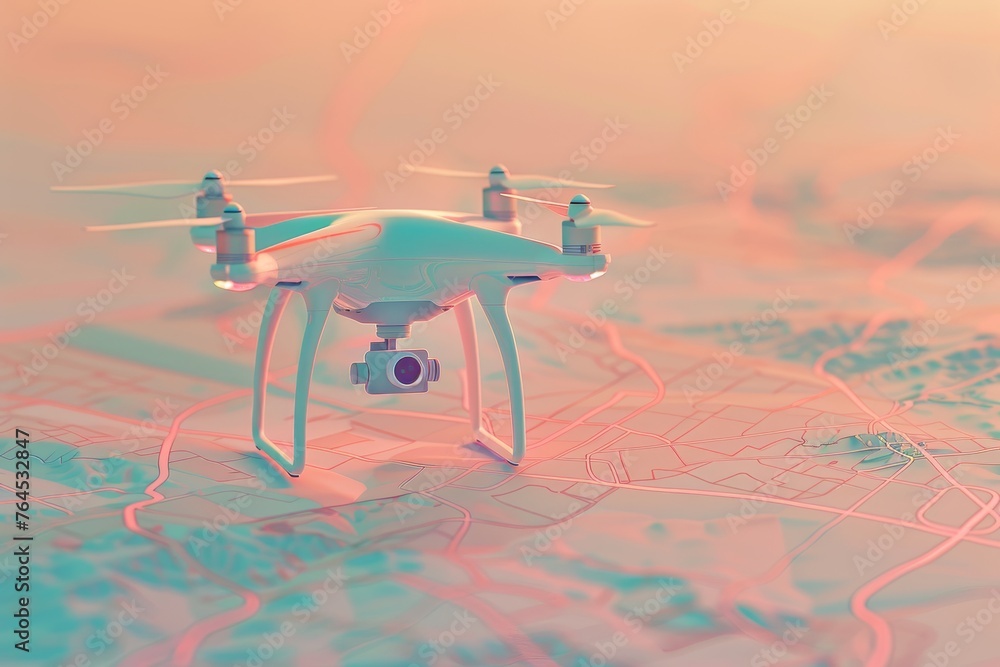 Poster drone and map in the concept of aerial surveillance and mapping