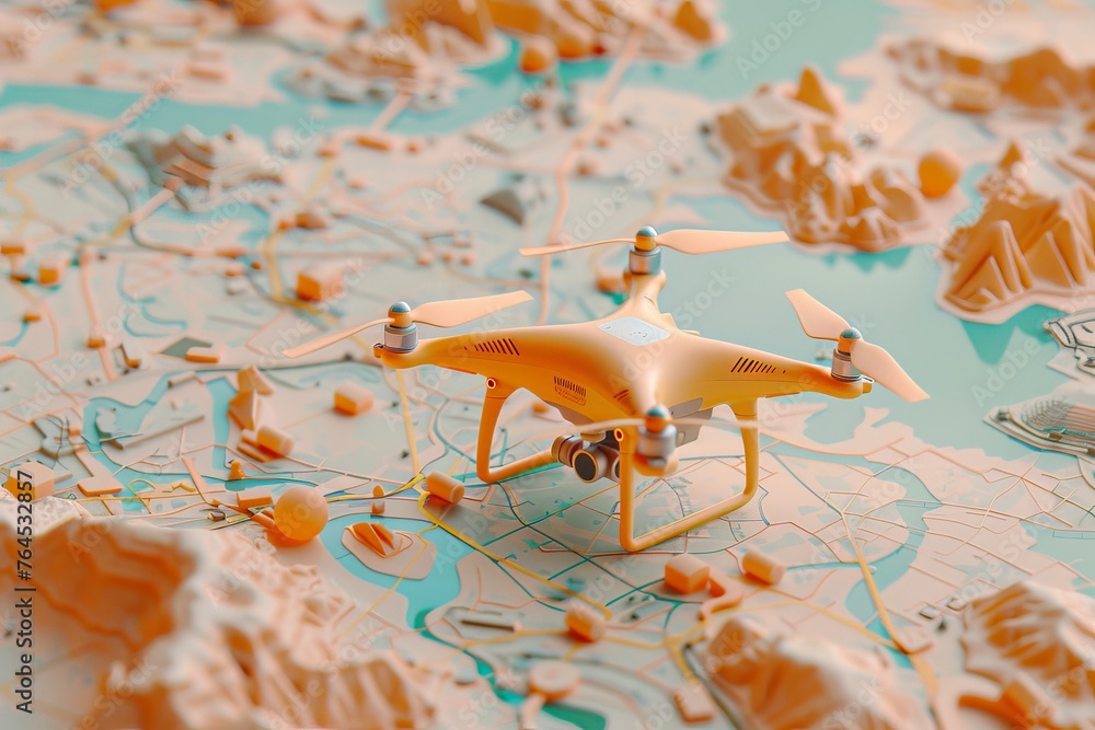 Poster drone and map in the concept of aerial surveillance and mapping