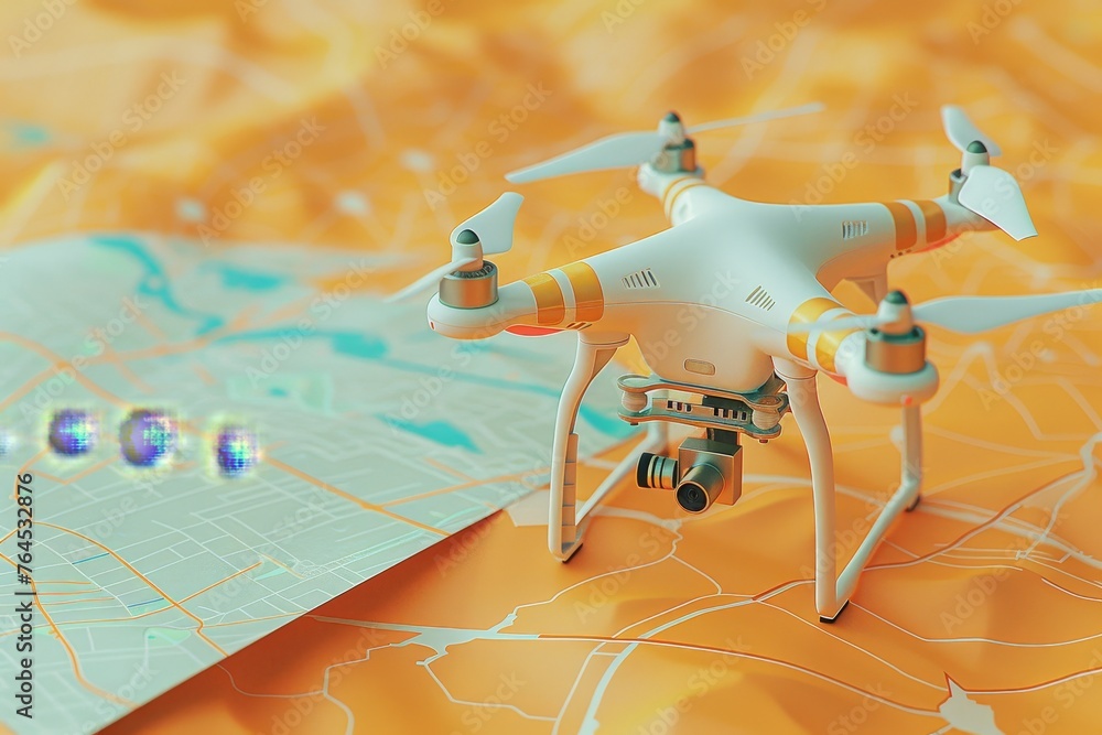 Poster drone and map in the concept of aerial surveillance and mapping