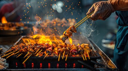 An Asian street food vendor skillfully grilling skewers of satay with a spicy peanut sauce.