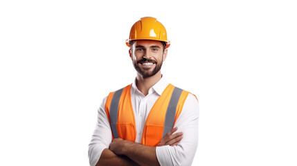 Handsome young engineer with uniform isolated on transparent and white background.PNG image.	