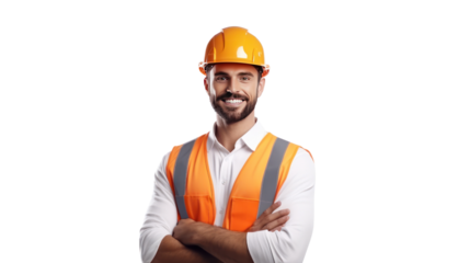 Handsome young engineer with uniform isolated on transparent and white background.PNG image.	