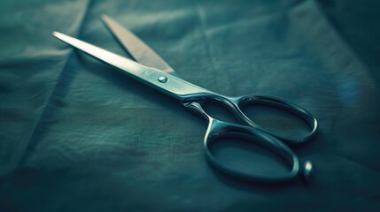A pair of scissors placed on a table. Suitable for office or school concepts - obrazy, fototapety, plakaty