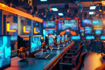 Esports Arena and Competitive Gamers an esports arena with competitive gamers facing off in a virtual battle - obrazy, fototapety, plakaty