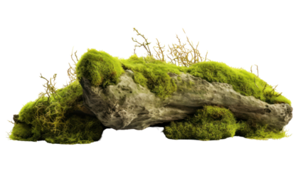 Green moss with dirt, soil and decorative stone, rock  isolated on transparent and white background.PNG image.	