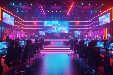 Esports Arena and Competitive Gamers an esports arena with competitive gamers facing off in a virtual battle - obrazy, fototapety, plakaty