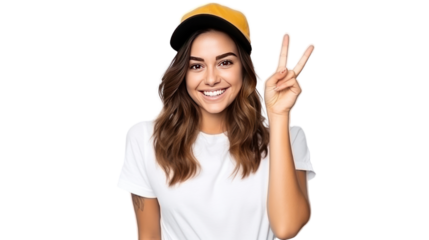 Young caucasian woman smiling and showing victory sign isolated on transparent and white background.PNG image.	