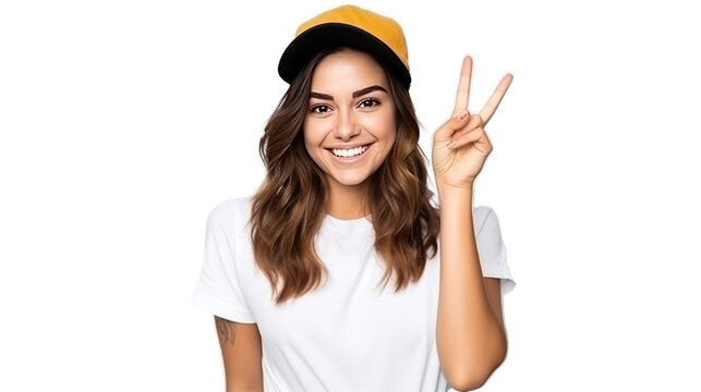 Young caucasian woman smiling and showing victory sign isolated on transparent and white background.PNG image.	