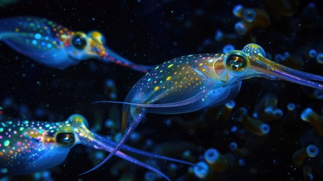 Group of squids swimming underwater, perfect for marine life concepts