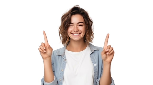 Young caucasian woman smiling and showing victory sign isolated on transparent and white background.PNG image.