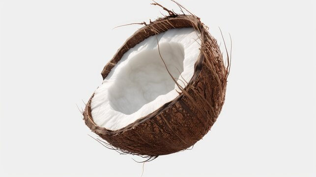 A detailed image of a coconut on a plain white background. Ideal for tropical themes