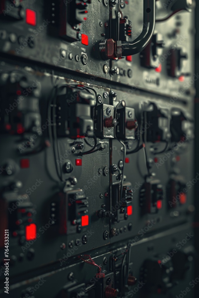Poster Detailed view of a control panel with illuminated red lights. Suitable for technology and security concepts