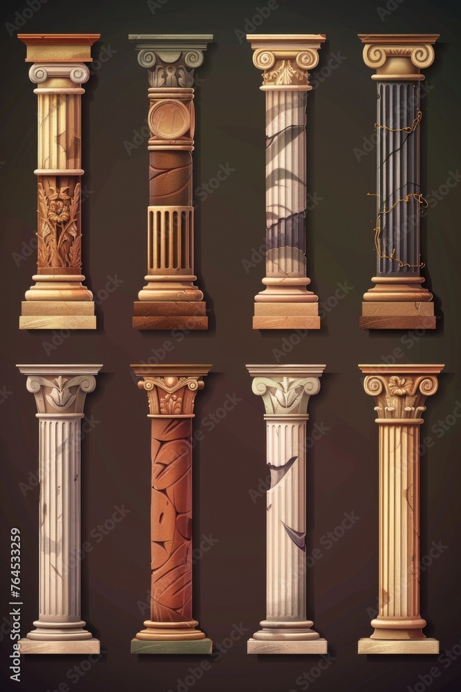 Poster A collection of various column designs for architectural projects. Ideal for illustrating different styles and structures