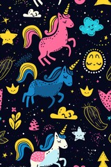 A whimsical pattern featuring unicorns and stars. Perfect for children's products or fantasy-themed designs