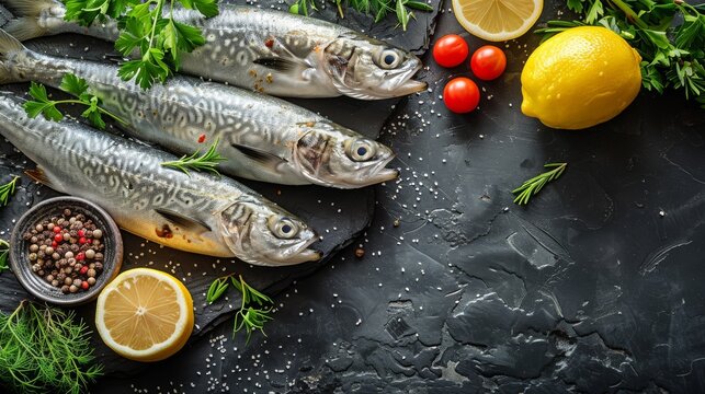  A photo of a table with lemons, tomatoes, herbs, and a knife, surrounded by schooling fish