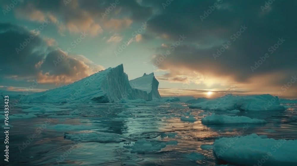 Poster group of icebergs floating on a body of water. suitable for nature and climate change concepts