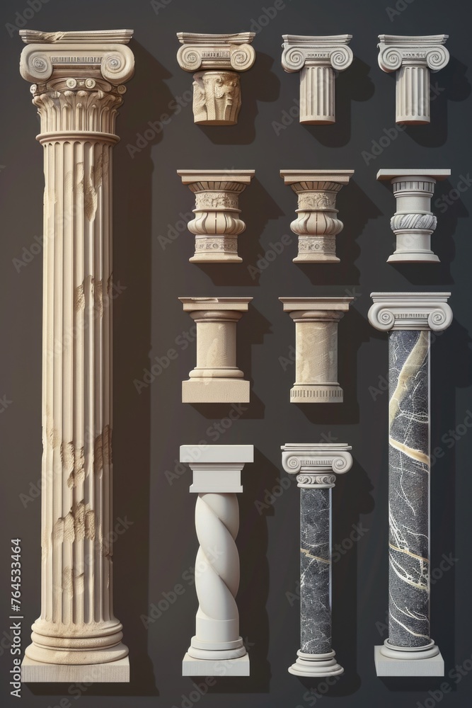 Poster Group of different types of columns on a wall, suitable for architectural and design concepts
